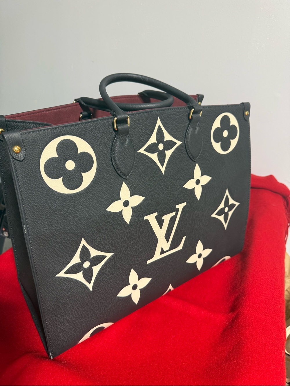 LV Black & Cream Monogram Oversized Tote GM, red suede interior.